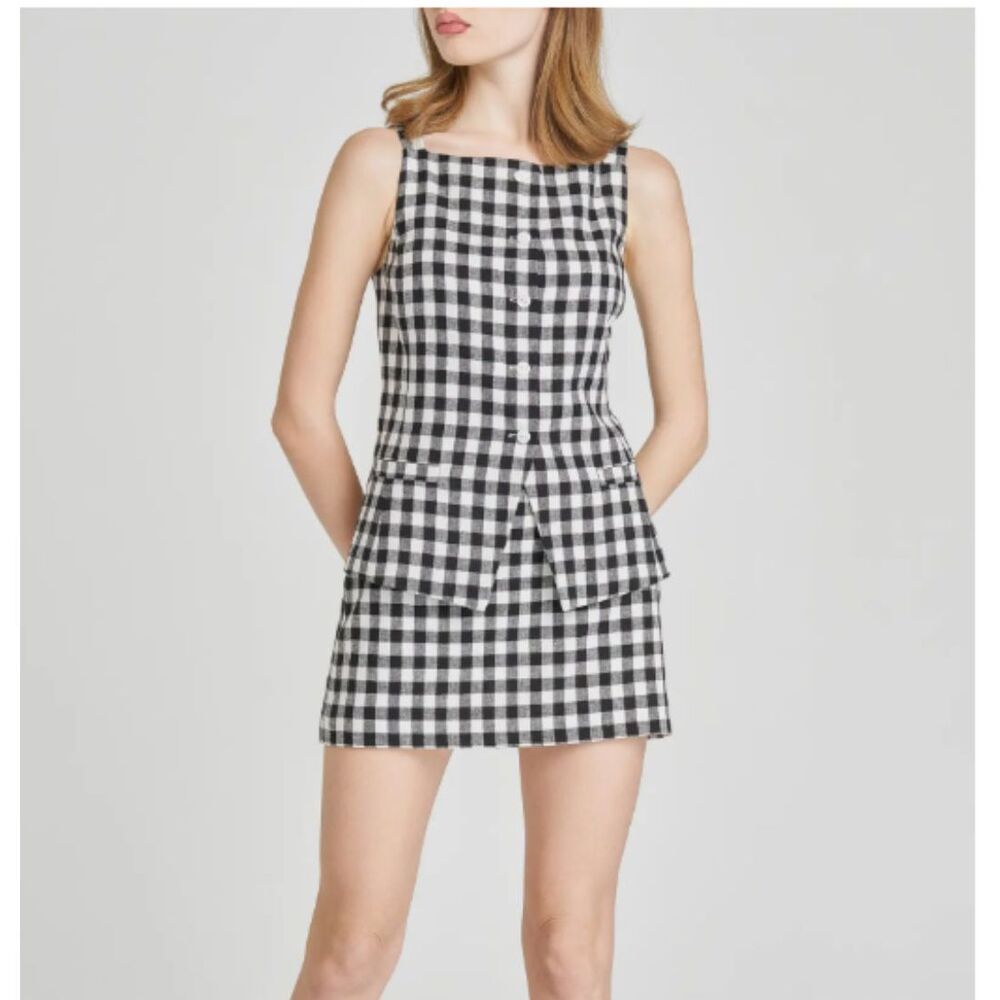 WAYF Gracie Black & White Gingham Vest Button Sleeveless Top, XS Tailored Chic